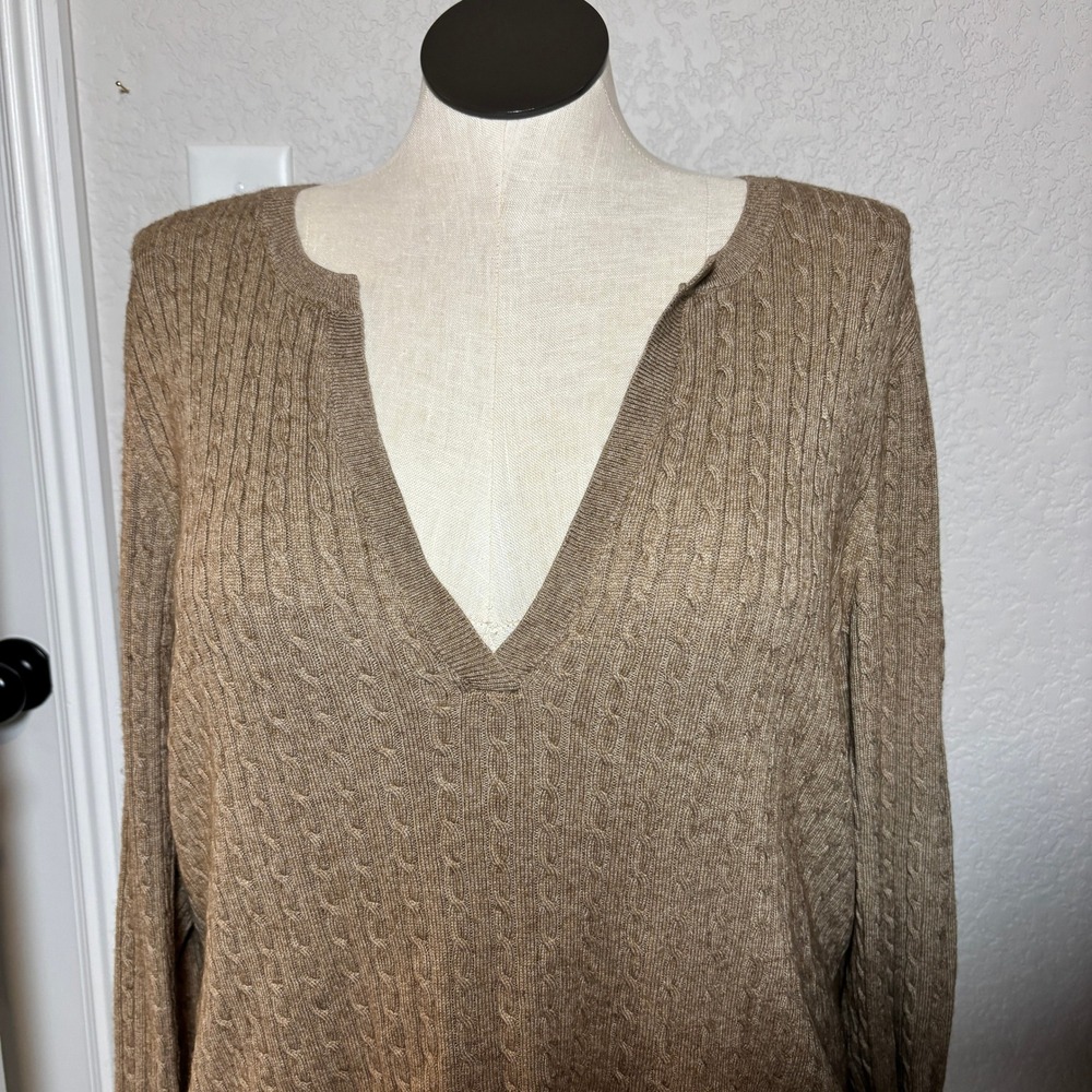 Lauren Ralph Lauren Womens‎ 3X Tan Silk Cashmere Cable Knit Deep V-Neck Sweater - Picture 8 of 10